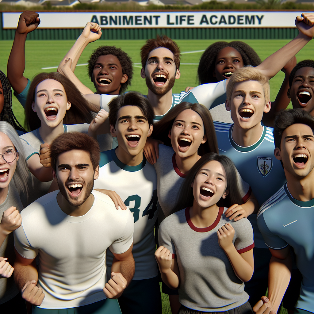 A group of diverse student-athletes from Abundant Life Academy celebrating on a sports field, showcasing teamwork and success.