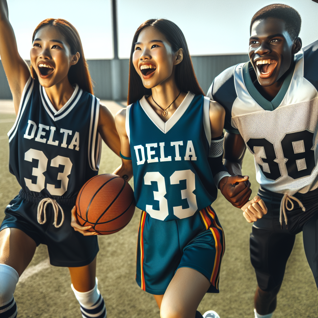 A group of enthusiastic student-athletes in Delta School uniforms, celebrating on a sports field with joyful expressions, symbolizing teamwork and future scholarship opportunities.