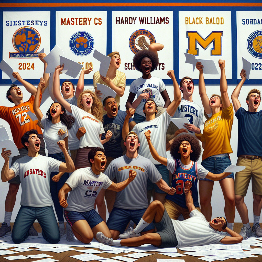 A group of enthusiastic student-athletes celebrating while holding scholarship letters, standing in front of a banner displaying the logos of Mastery Cs and Hardy Williams athletic department.