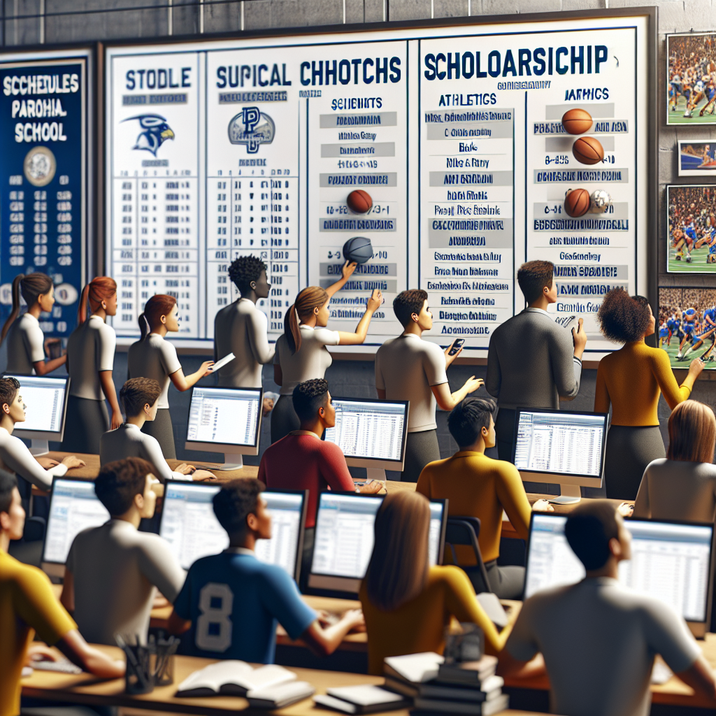 Ashville Parochial School students and parents engaging with cutting-edge technology tools to explore scholarship opportunities, highlighting athletic department schedules and rosters.