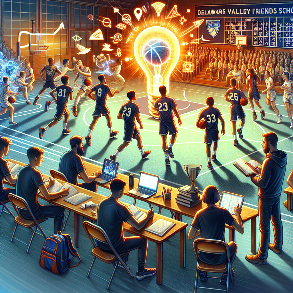 A dynamic depiction of Delaware Valley Friends School student-athletes utilizing advanced technology to explore scholarship opportunities, showcasing teamwork and innovation.