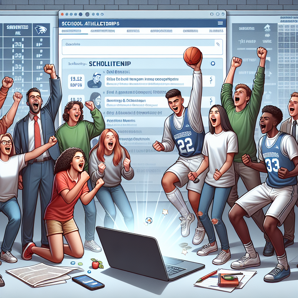 A group of student-athletes, parents, and coaches celebrating with a laptop displaying scholarship offers.