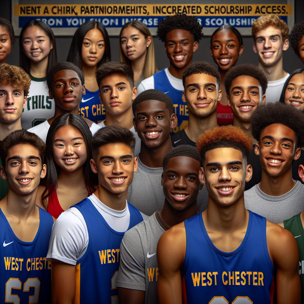 A group of diverse high school athletes from West Chester East, smiling confidently, showcasing their sports uniforms with a backdrop of a school banner highlighting a new partnership for scholarship access.