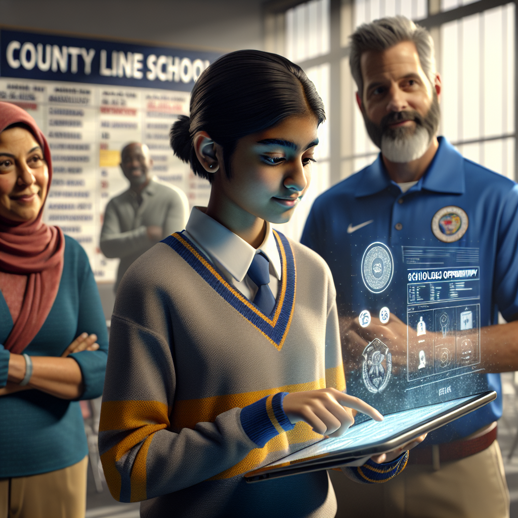 County Line School student-athlete using advanced technology on a tablet to explore scholarship opportunities, with a supportive parent and athletic department staff member nearby.