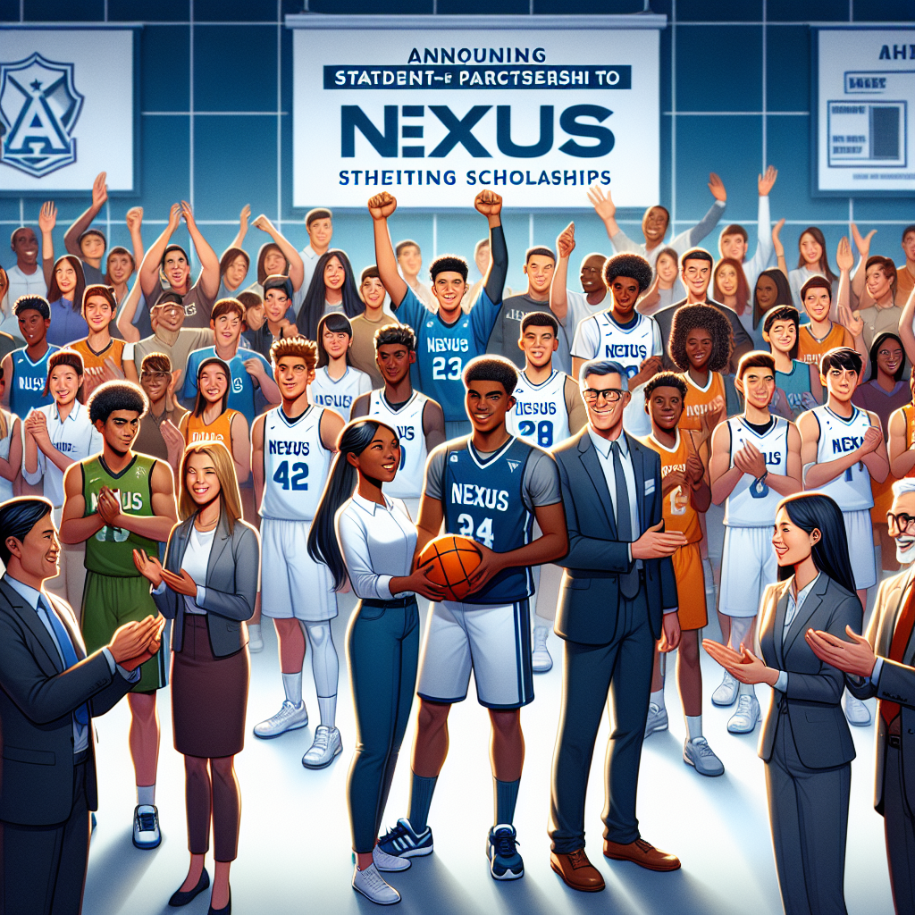Nexus School's strategic partnership announcement to support student-athletes in securing scholarships, featuring enthusiastic students and faculty members celebrating the initiative.