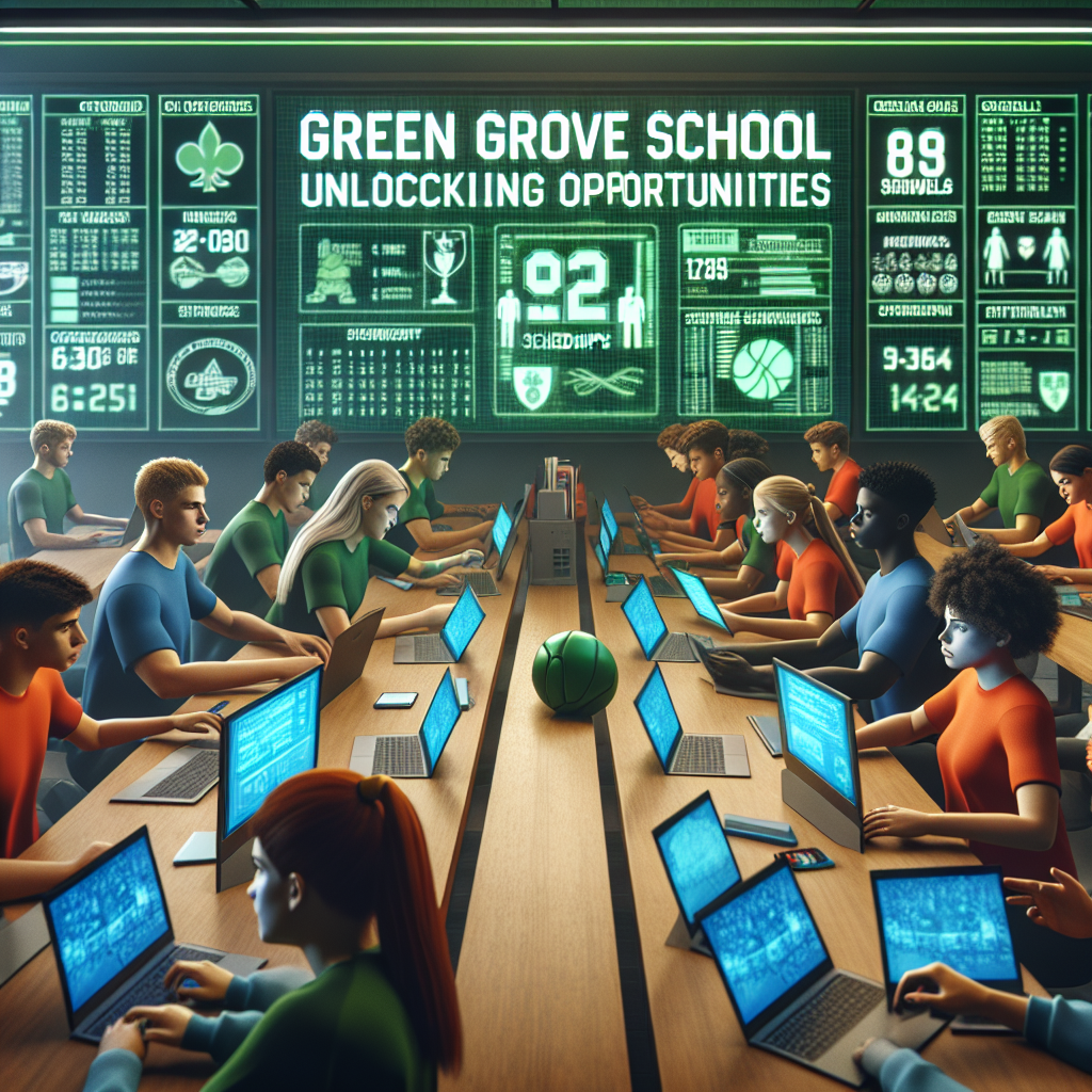 Green Grove School athletic department showcasing technology-driven strategies for securing scholarships, featuring student-athletes, digital schedules, and team rosters.
