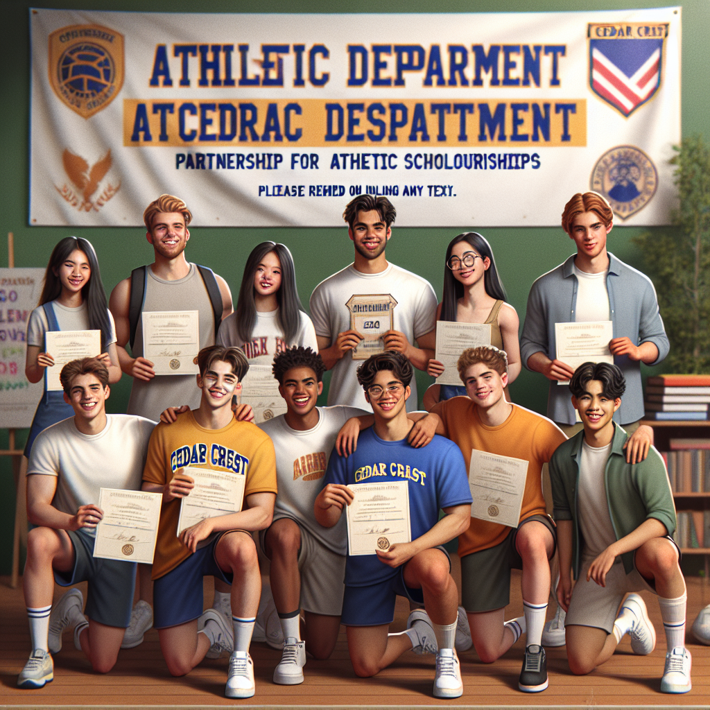 A group of diverse student-athletes from Cedar Crest High School, smiling and holding scholarship certificates, standing in front of a banner announcing a new partnership for scholarships.