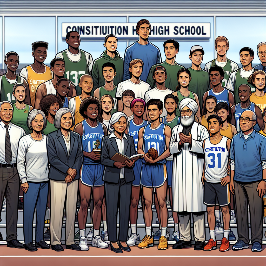 Constitution High School's athletes celebrating a new partnership aimed at securing scholarships, with coaches and school officials standing proudly in the background.