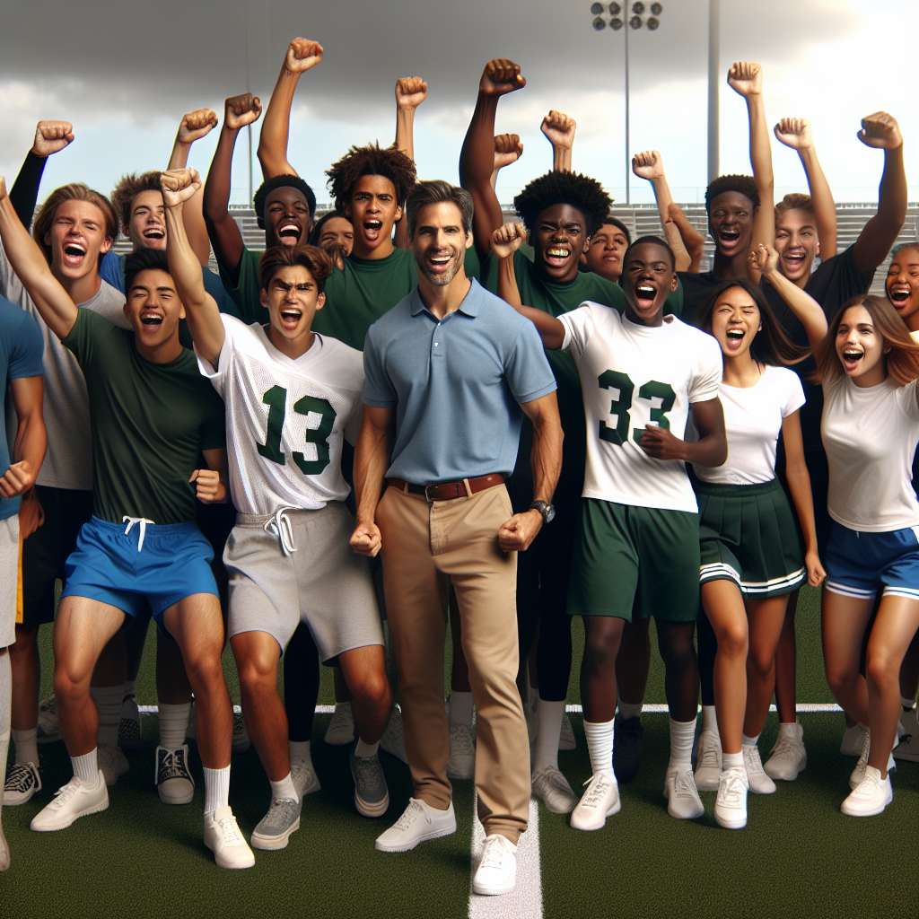 A group of enthusiastic high school athletes and coaches celebrate the launch of a new partnership aimed at securing athletic scholarships.