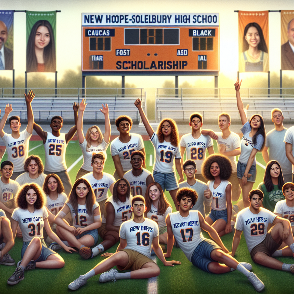 A group of diverse student-athletes from New Hope-Solebury High School celebrating on a sports field, symbolizing empowerment and unity, with banners highlighting their new scholarship opportunities.