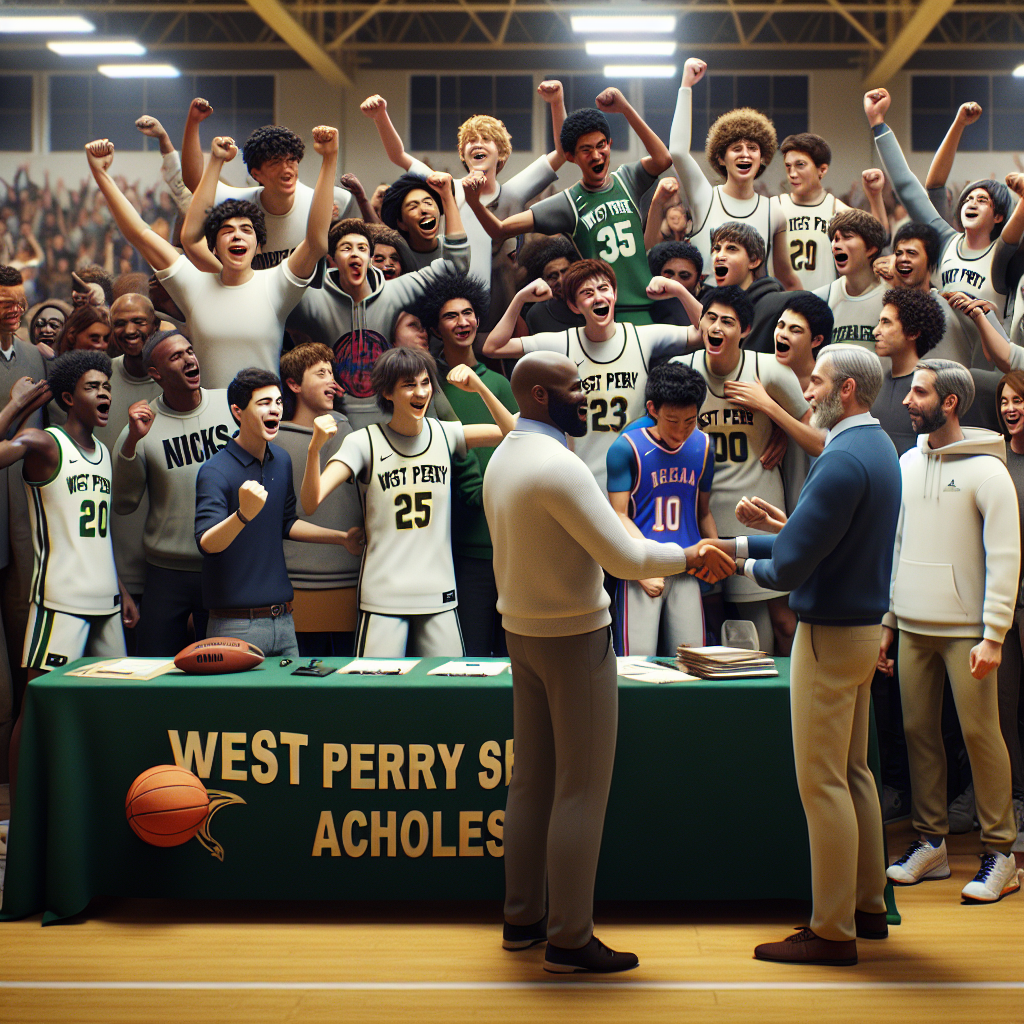 West Perry SHS athletes celebrating new scholarship opportunities with coaches and partners.