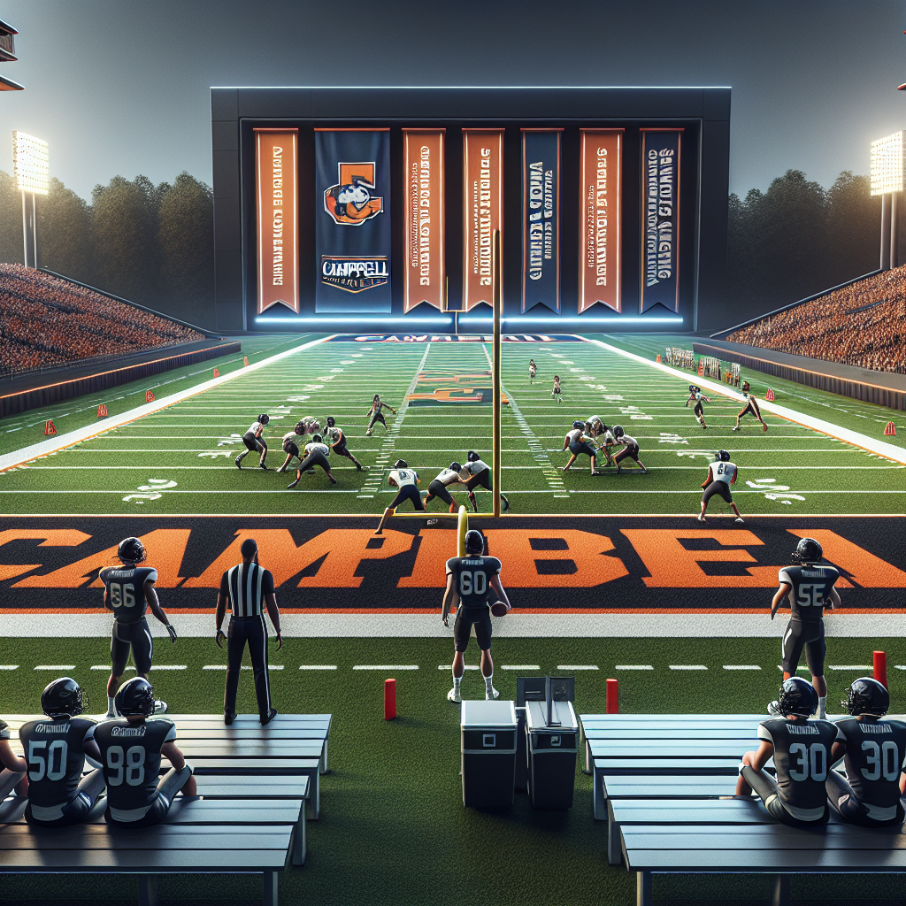 Football players on the field with Campbell University banners, highlighting new athletic scholarship pathways.