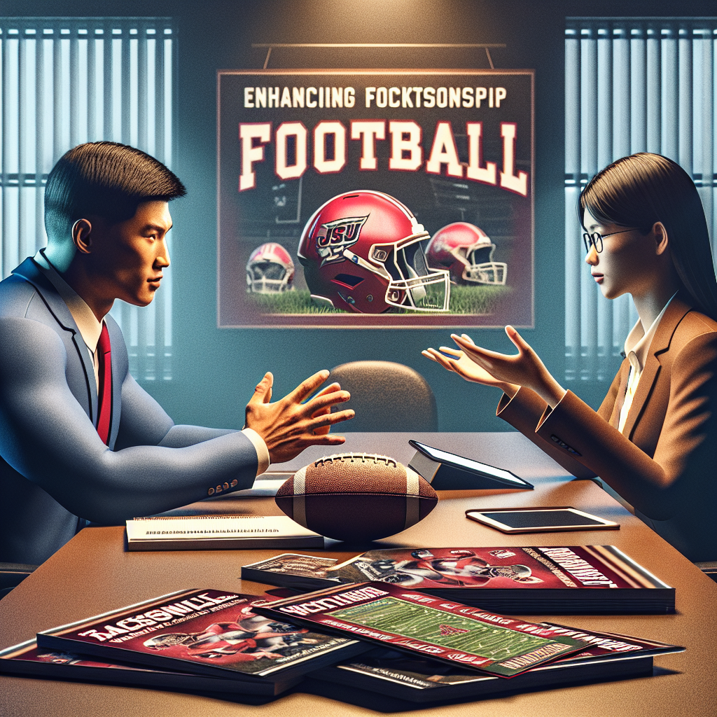Jacksonville State University Football coach discussing recruitment strategies with a representative from Athletic Scholarship Corporation at a conference table, surrounded by recruitment brochures and digital tablets.