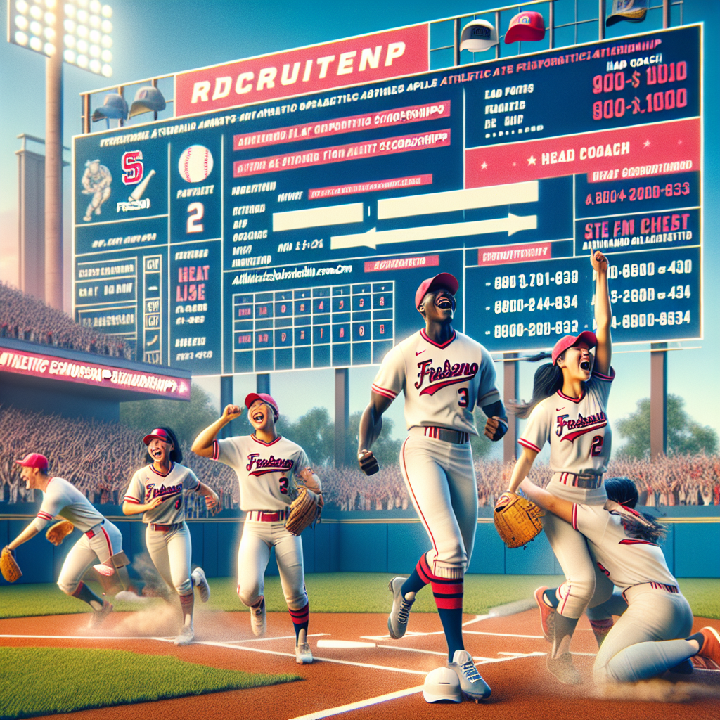 Baseball players from California State University, Fresno, celebrating on the field with updated recruitment information for aspiring student-athletes seeking scholarships.