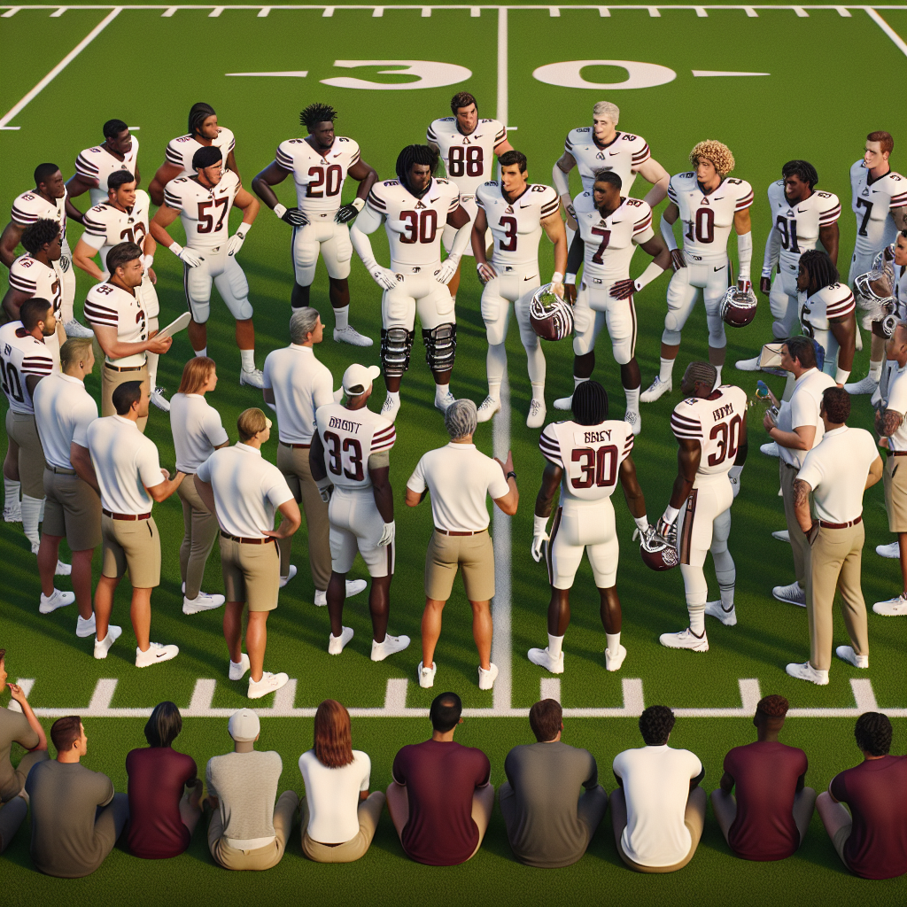 Florida A&M University football players huddled on a field, engaged in a strategic discussion with coaches, highlighting their innovative recruiting methods.