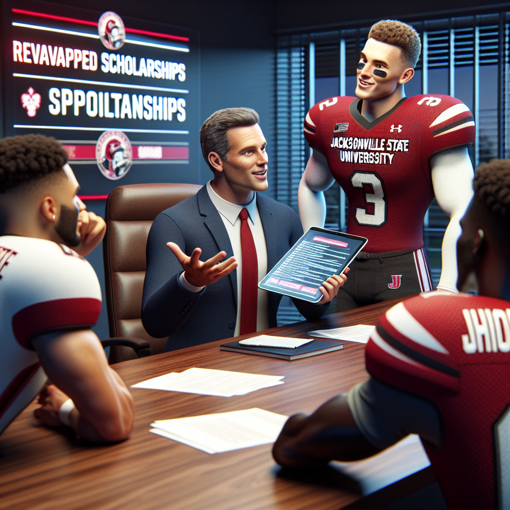 Enthusiastic football recruiter discussing updated scholarship opportunities with Jacksonville State University football players.