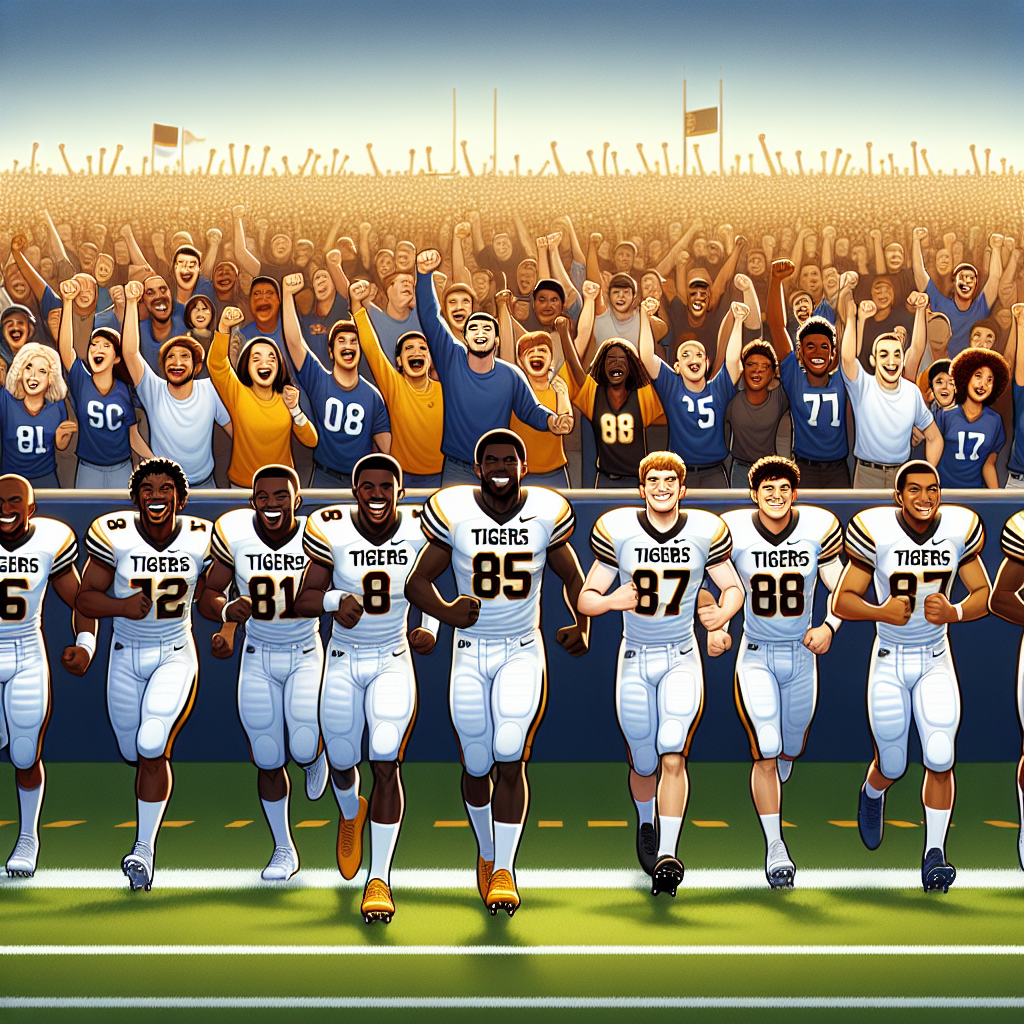 Savannah State University Tigers' football players celebrating on the field, showcasing teamwork and determination with a backdrop of cheering fans, symbolizing the team's path toward excellence driven by innovative recruiting insights.