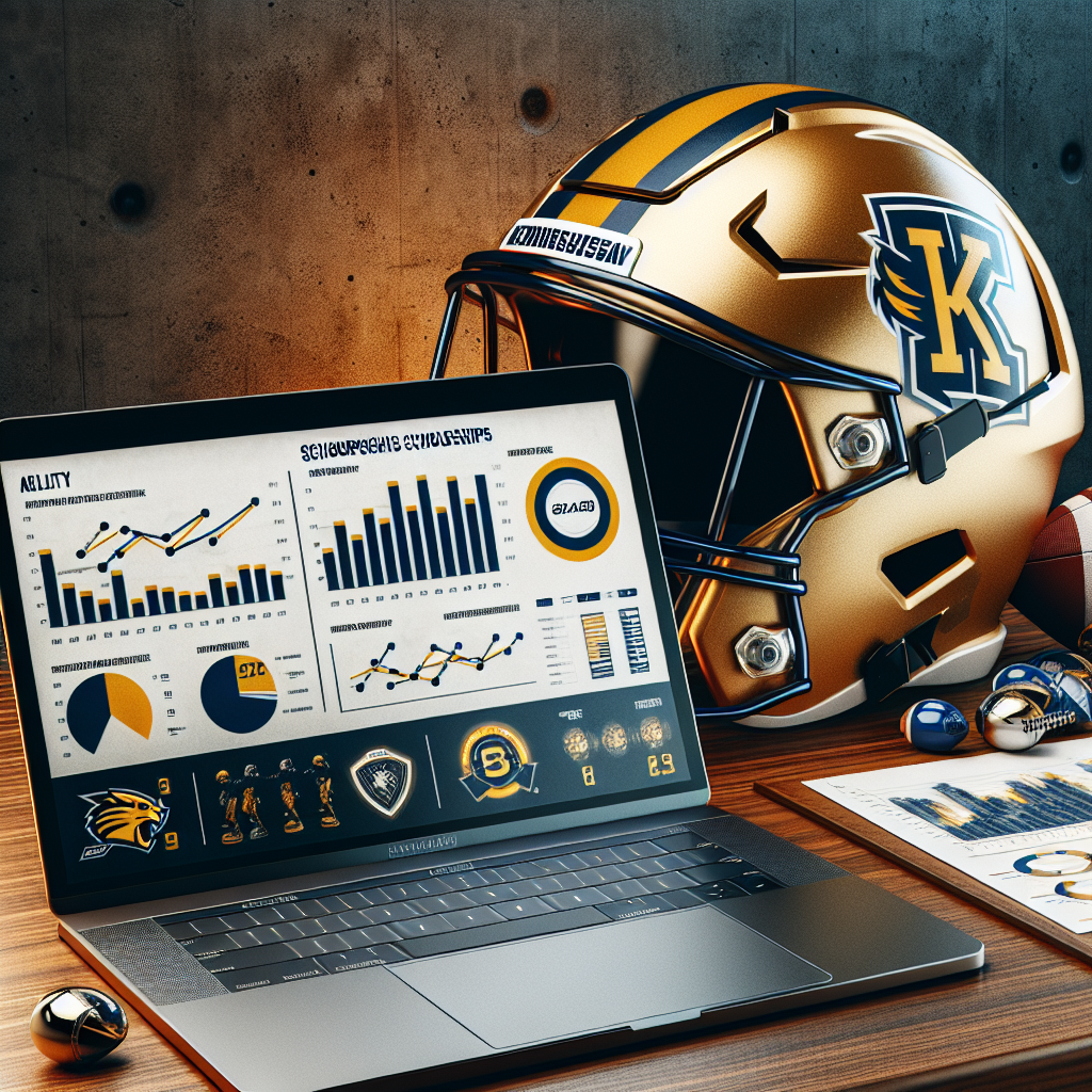 Kennesaw State University football helmet placed on a table beside a laptop displaying updated recruiting and scholarship information, symbolizing the revamped pathway to athletic scholarships.