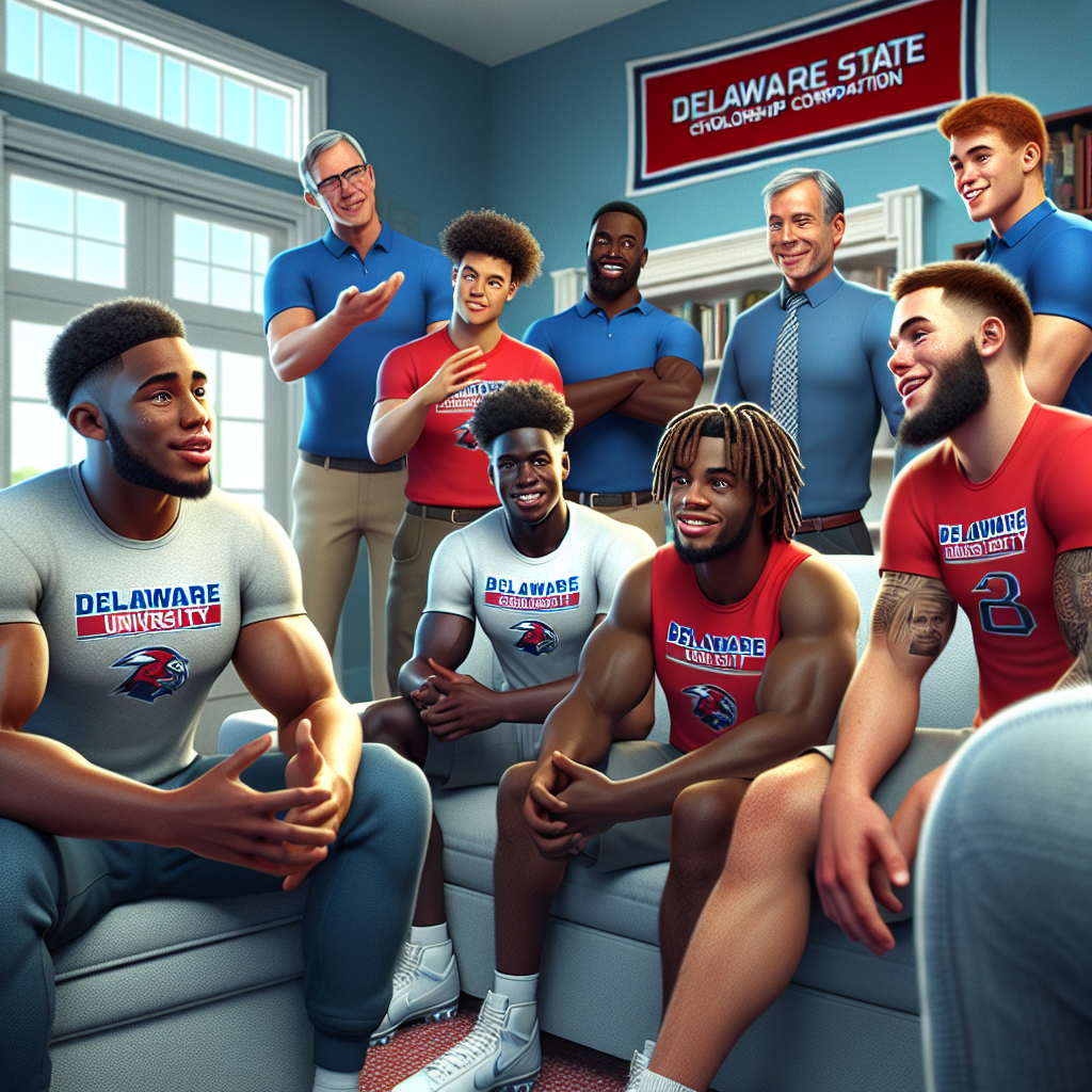 Delaware State University Football players discussing recruitment strategies with Athletic Scholarship Corporation representatives in a dynamic in-home meeting setting.