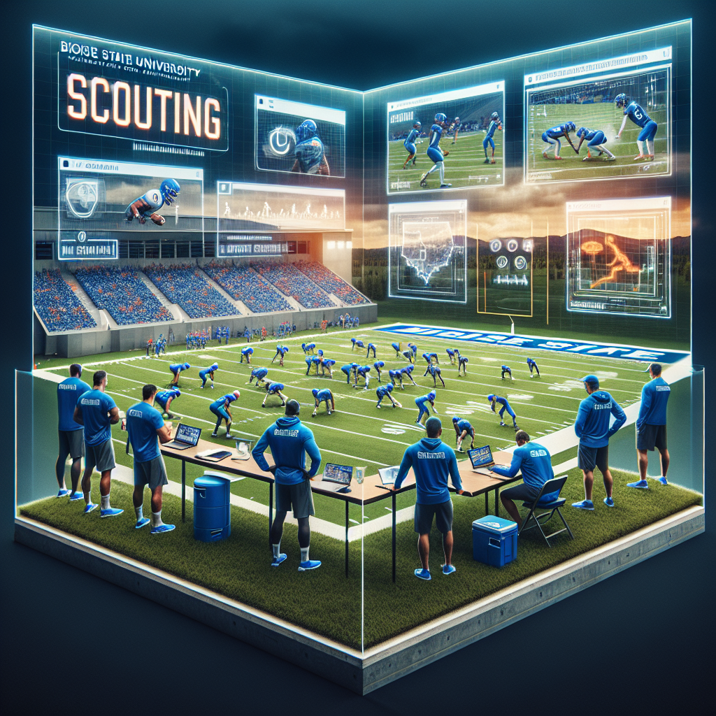 Boise State University Football team utilizing advanced scouting technology for recruitment, highlighting updated recruiting and scholarship information by Athletic Scholarship Corporation.