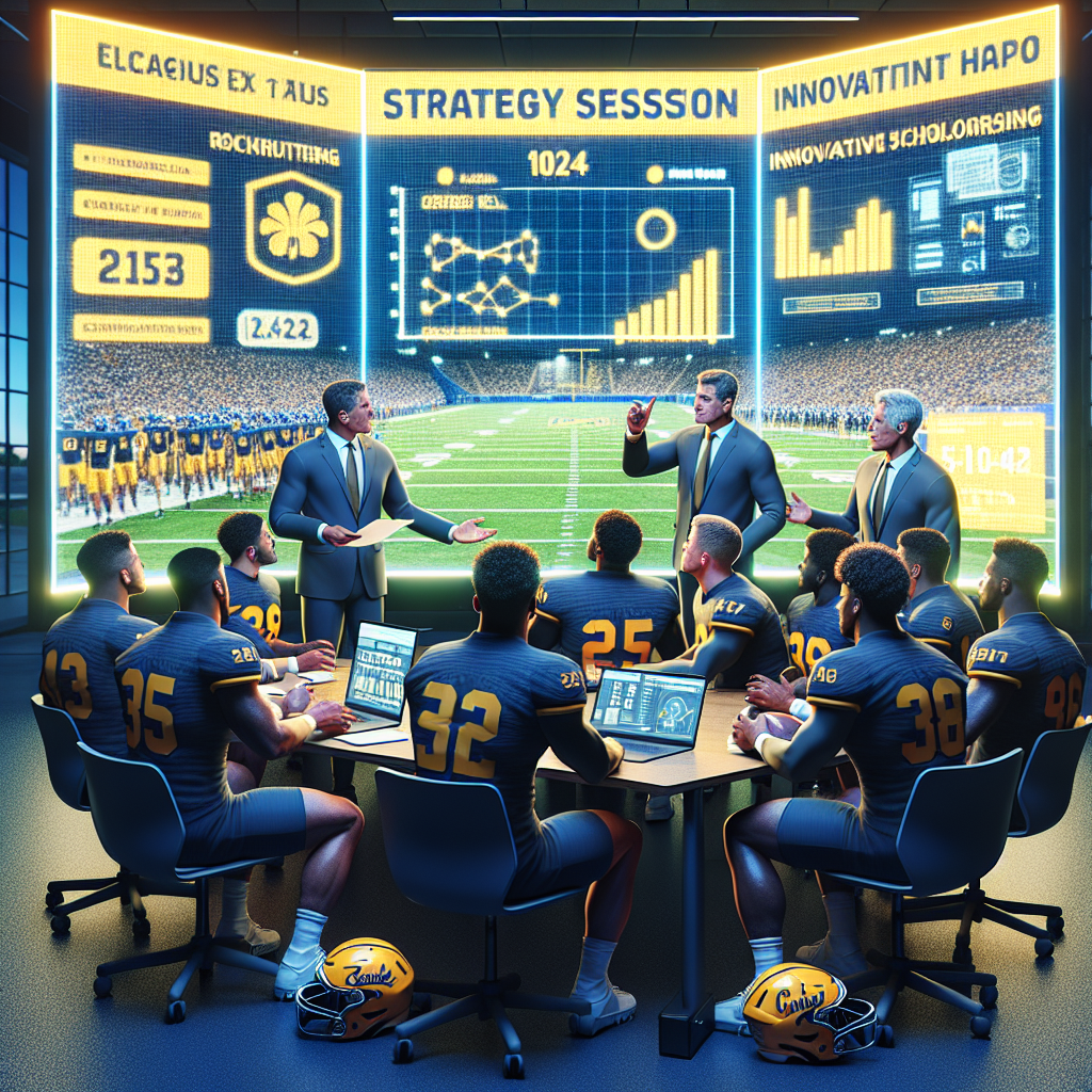 California State University Sacramento Football team strategy session with updated recruitment and scholarship information, featuring enthusiastic discussions on innovative scholarship opportunities.
