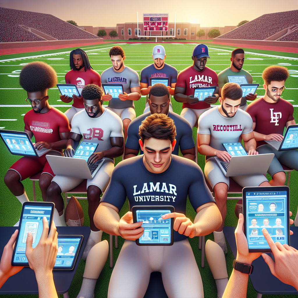 Lamar University football players efficiently accessing updated recruiting and scholarship insights on their digital devices, symbolizing streamlined information processes.