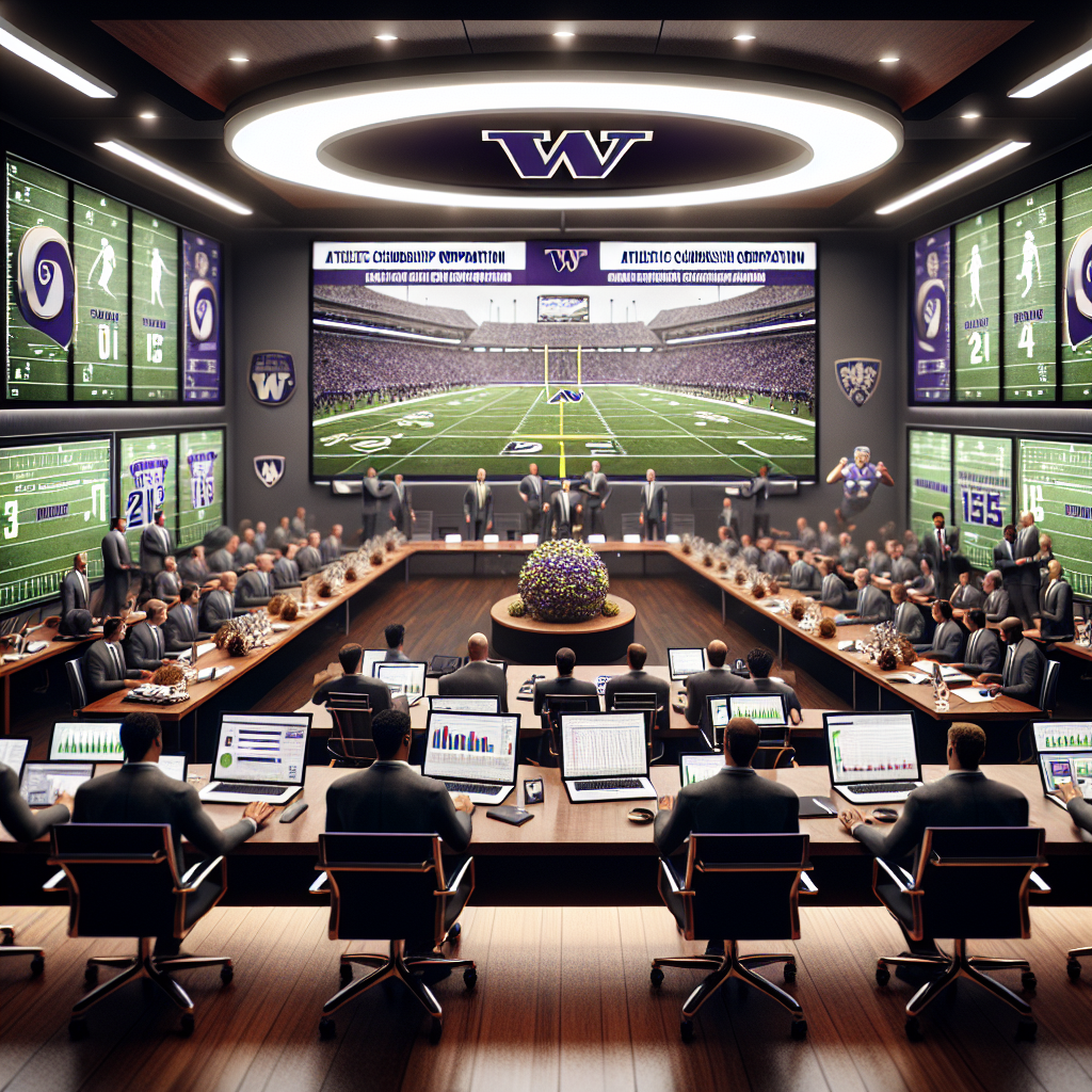 University of Washington Football recruitment meeting showcasing advanced technology in a dynamic setting.