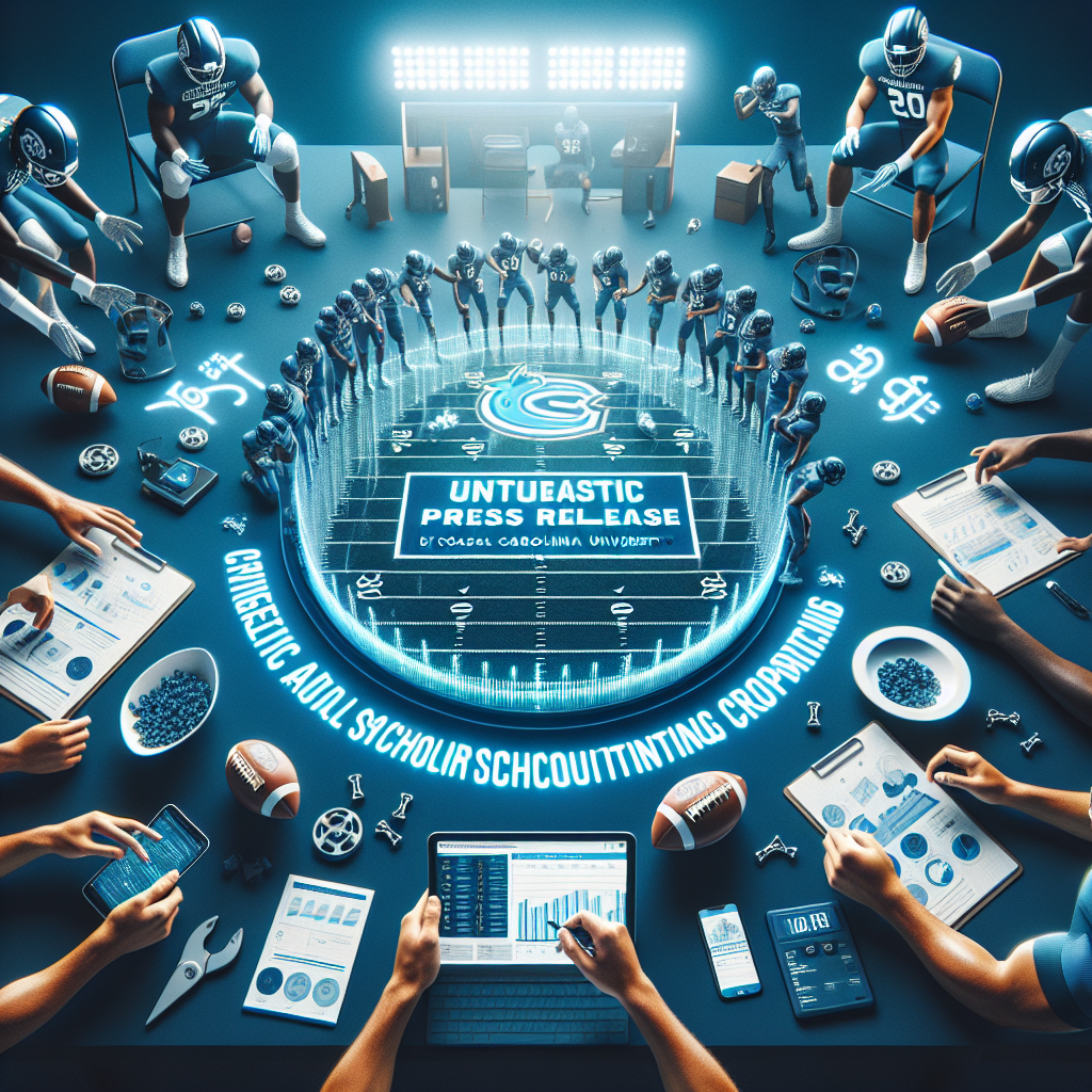 An enthusiastic and technical press release announcing Athletic Scholarship Corporation's new data-driven insights for Coastal Carolina University's football recruiting, featuring updated recruiting and scholarship information with a link to schedule in-home recruiting meetings.