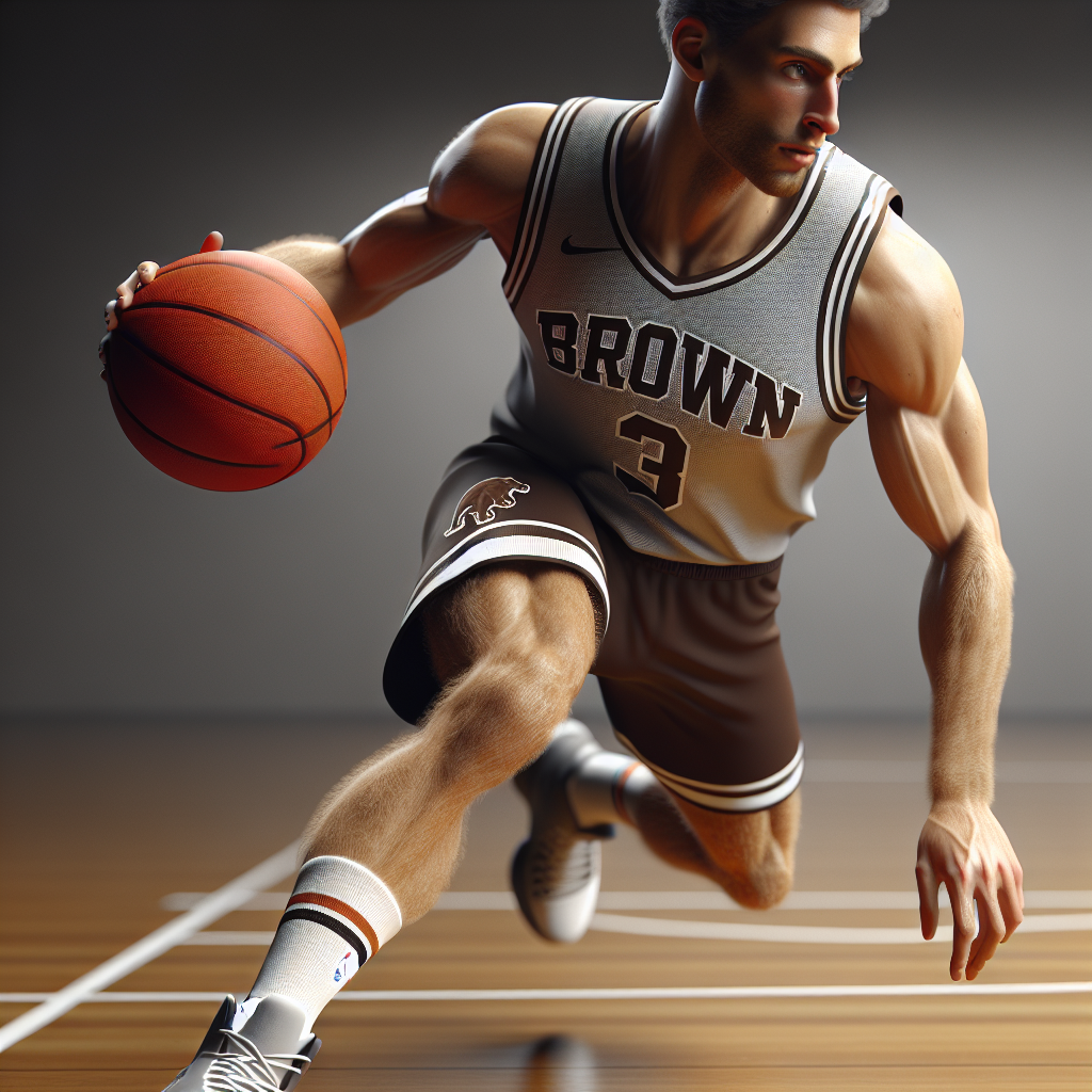 A basketball player in action, wearing a Brown University jersey, dribbling down the court with determination.
