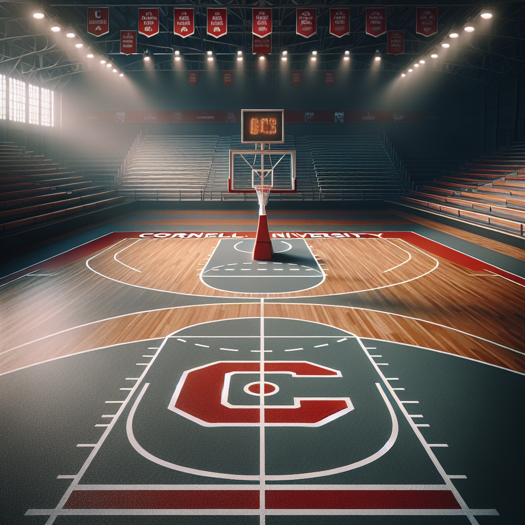 Basketball court with Cornell University logo, symbolizing new scholarship opportunities and recruitment enhancements.