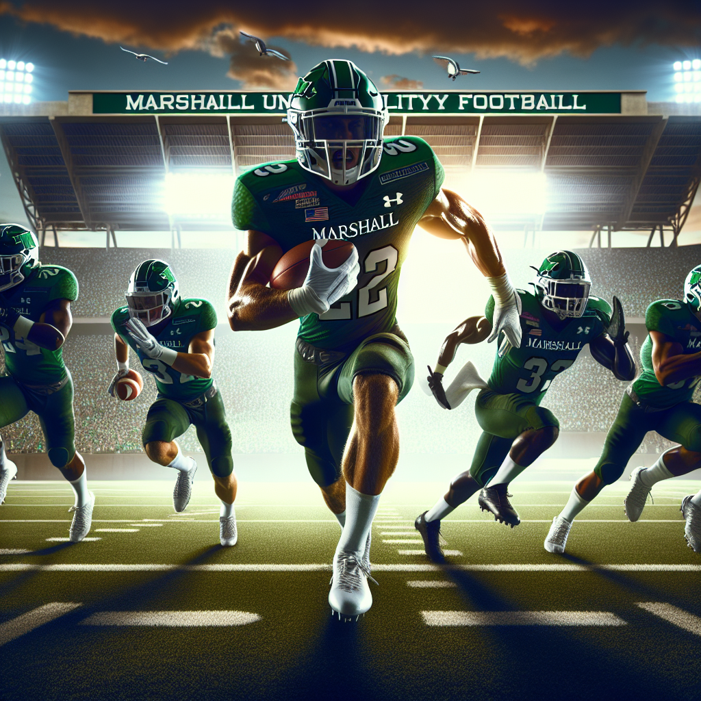 Marshall University Football field with players in action, highlighting new recruitment and scholarship strategies, emphasizing innovation and enthusiasm in the program.