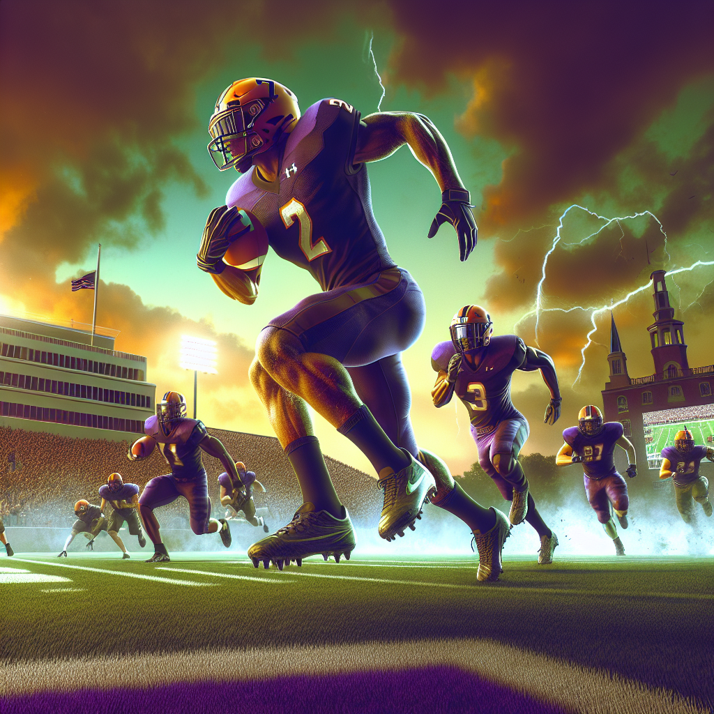 A dynamic scene showing James Madison University football players in action, symbolizing the recent updates and evolutions in recruitment and scholarship processes, highlighting the proactive approach of the Athletic Scholarship Corporation.