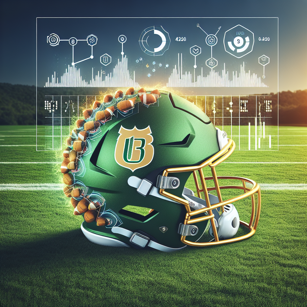 UAB Football helmet on a field with data charts and a digital interface, symbolizing the innovative, data-driven recruiting transformation by Athletic Scholarship Corporation.