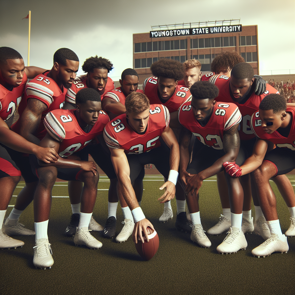 Youngstown State University Football players huddle during a game, showcasing teamwork and determination.
