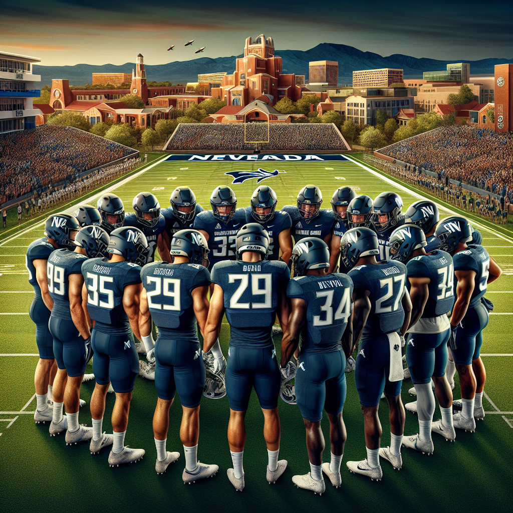 University of Nevada Football team players huddled on a field, showcasing teamwork and determination, with a backdrop of a vibrant university campus, symbolizing enhanced recruitment efforts and updated scholarship insights.