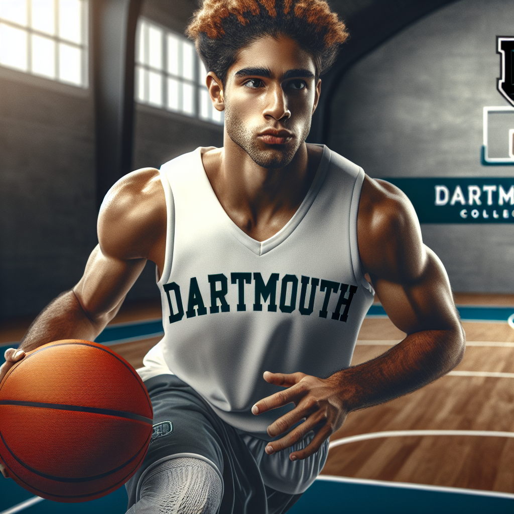 A basketball player dribbles confidently on an indoor court with intensity and determination, symbolizing the promising future of Dartmouth College basketball scholarships.